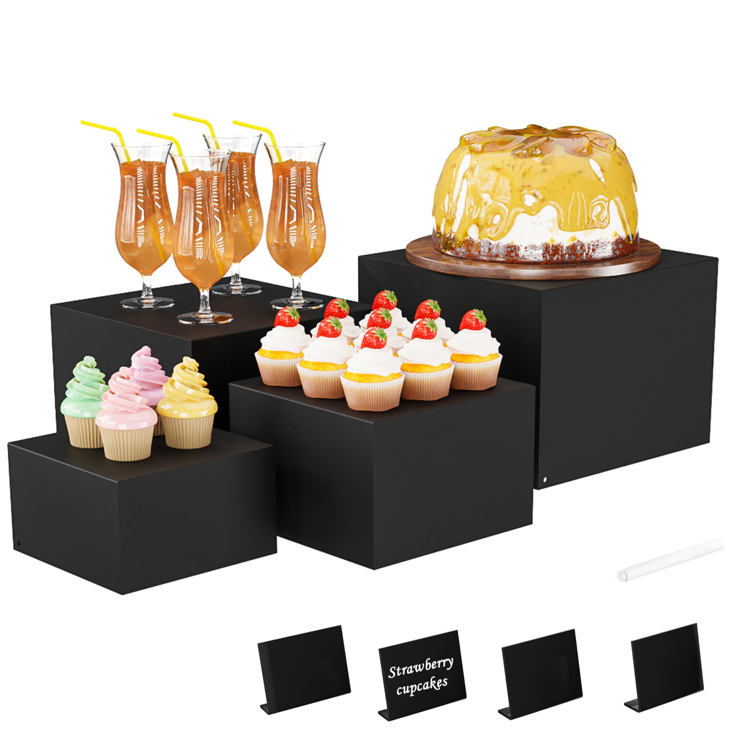 Photo 1 of Metal Buffet Risers,4PCS Food Risers for Buffet Table 5in to 8in Display Stand with Mini Acrylic Signs for Catering Dessert Collectibles Jewelry Figures Show Matte Black Cube Boxes Nesting Risers with Hollow Bottoms