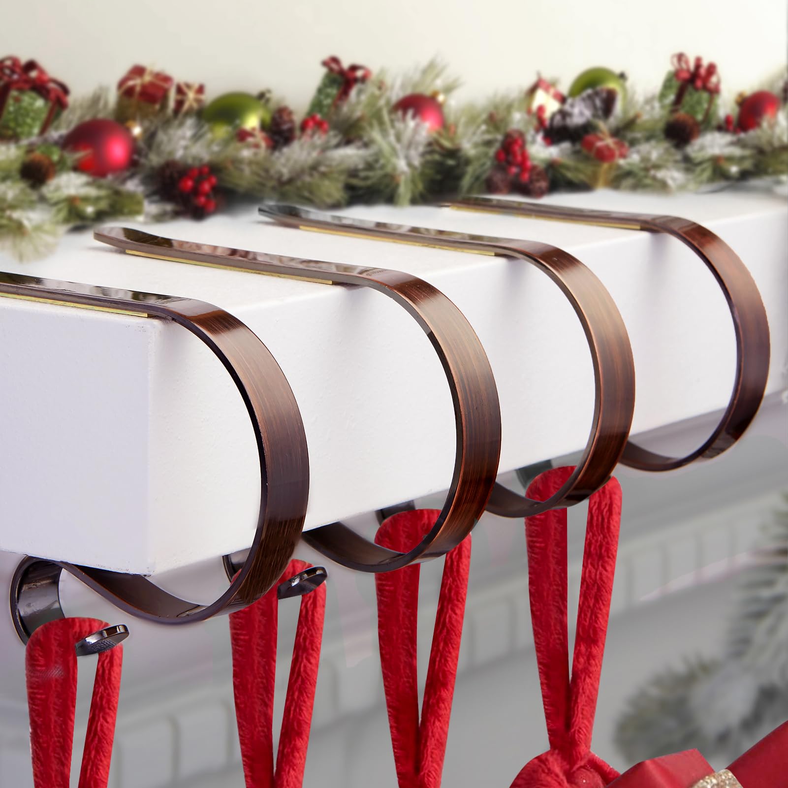 Photo 1 of FINMOR Christmas Stocking Holders for Mantle Set 4,Lightweight Stocking Holder No-Slip Stocking Hangers for Mantel Fireplace,Adjustable Mantel Stocking Hooks