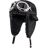 Peicees Aviator Hat and Goggles for Adult Men Women Vintage Pilot Hat Costume Winter Trapper Hat with Fur Ear Flaps Fleece