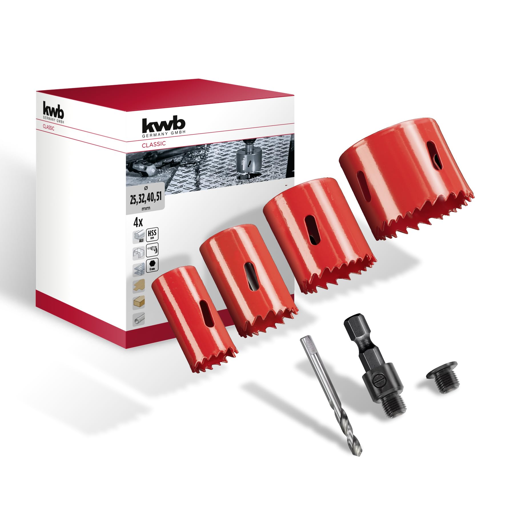 kwb 5-Piece Hss Bi-Metal Hole Saw Set Ø 25, 32, 40 and 51 Mm With Progressive Vario-toothing, High Precision, 1/4" Hexagonal Shank, 38 Mm Depth Of Cut and Centre bit