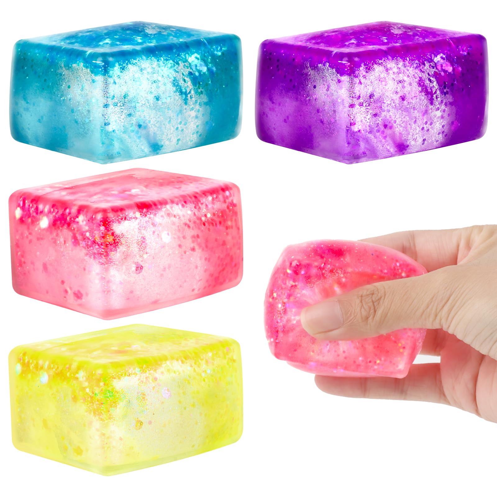 4 Pack Glitter Ice Cube Fidget Toys, Soft Cube Sensory Squishy Fidget Toys Square Squeeze Stress Balls for Kids Adults Anxiety Stress Relief, Classroom Prizes, Birthday Gifts Party Favors