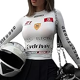 Moto Biker Printed Cyber Y2k White T-Shirts Techwear Skinny Long Sleeve Women Crop Tops Gothic Punk Fashion Streetwear
