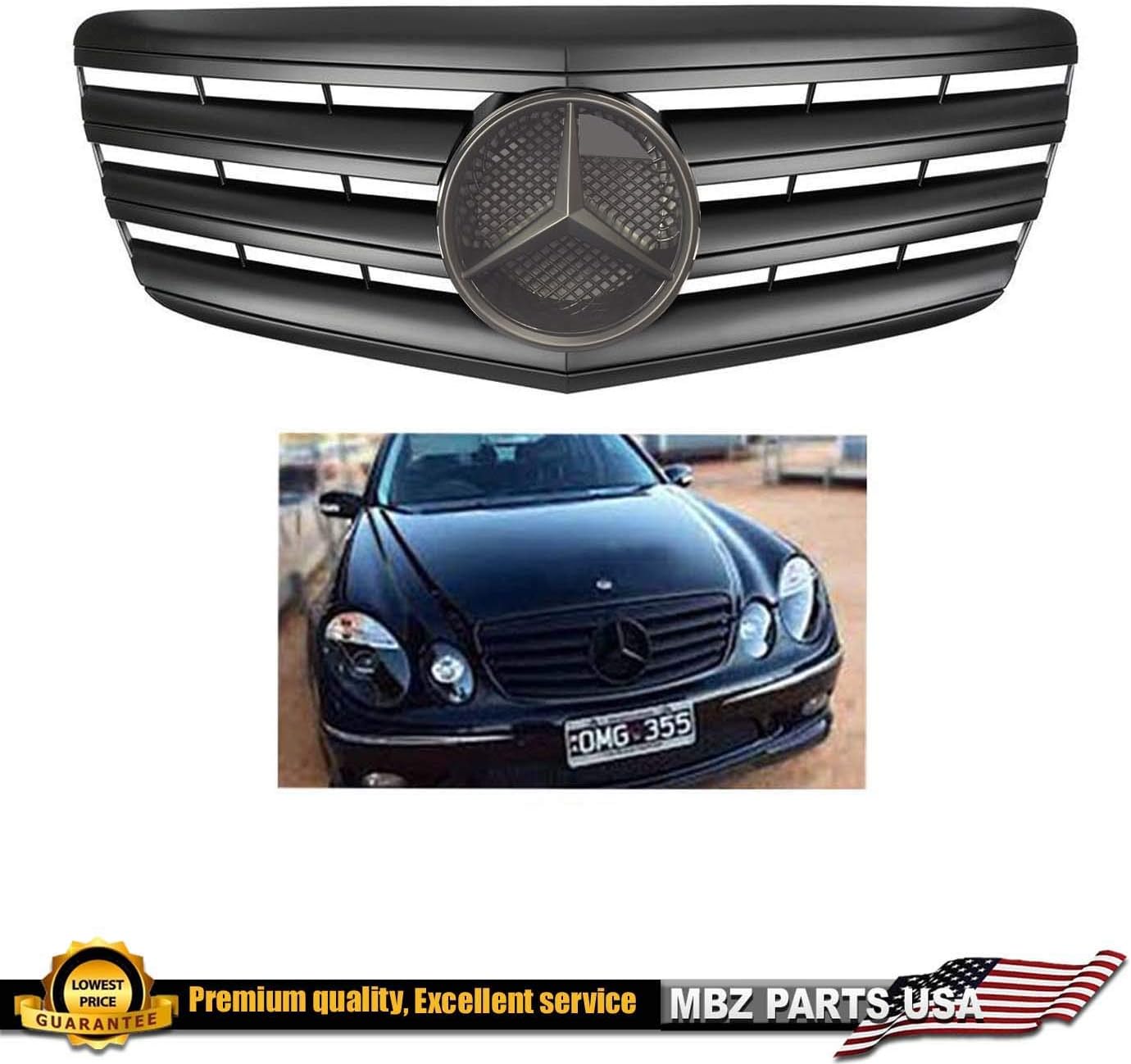 E Class Matte Black Flat Grille W211 E300 E320 E350 E550 E280 E500 E63 with Black Star Emblem 2007 2008 2009