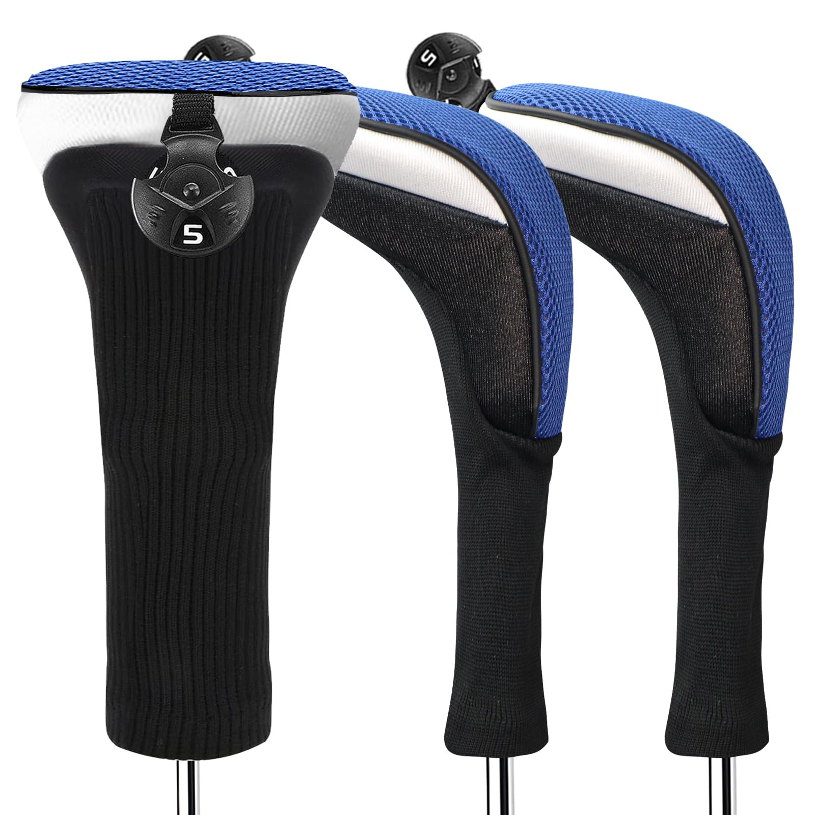 FINGER TEN Golf Club Head Covers Woods Hybrids Long Cover, Headcovers with Interchangeable No. Tags Fit All Hybrids Wood Clubs Light Durable (Blue-3 Pack Hybrid Covers)