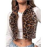 Floerns Women's Y2K Leopard Faux Fur Fuzzy Coat Zip Up Mock Neck Sleeveless Crop Vest Jacket