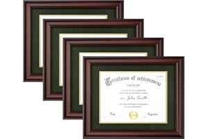 Yaetm 11x14 Diploma Frame, Certificate Frame with Tempered Glass, Display 8.5x11 Document with Dark Green Over Gold Acid-free Mat or 11 x 14 without Mat, Wide Molding (4 Pack, Mahogany/Green)