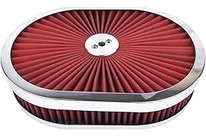 TEKKOAUTO 12" x 2'' Oval Super Flow Thru Air Cleaner with Washable Red Element Chrome Trim for 5-1/8" Carb Neck