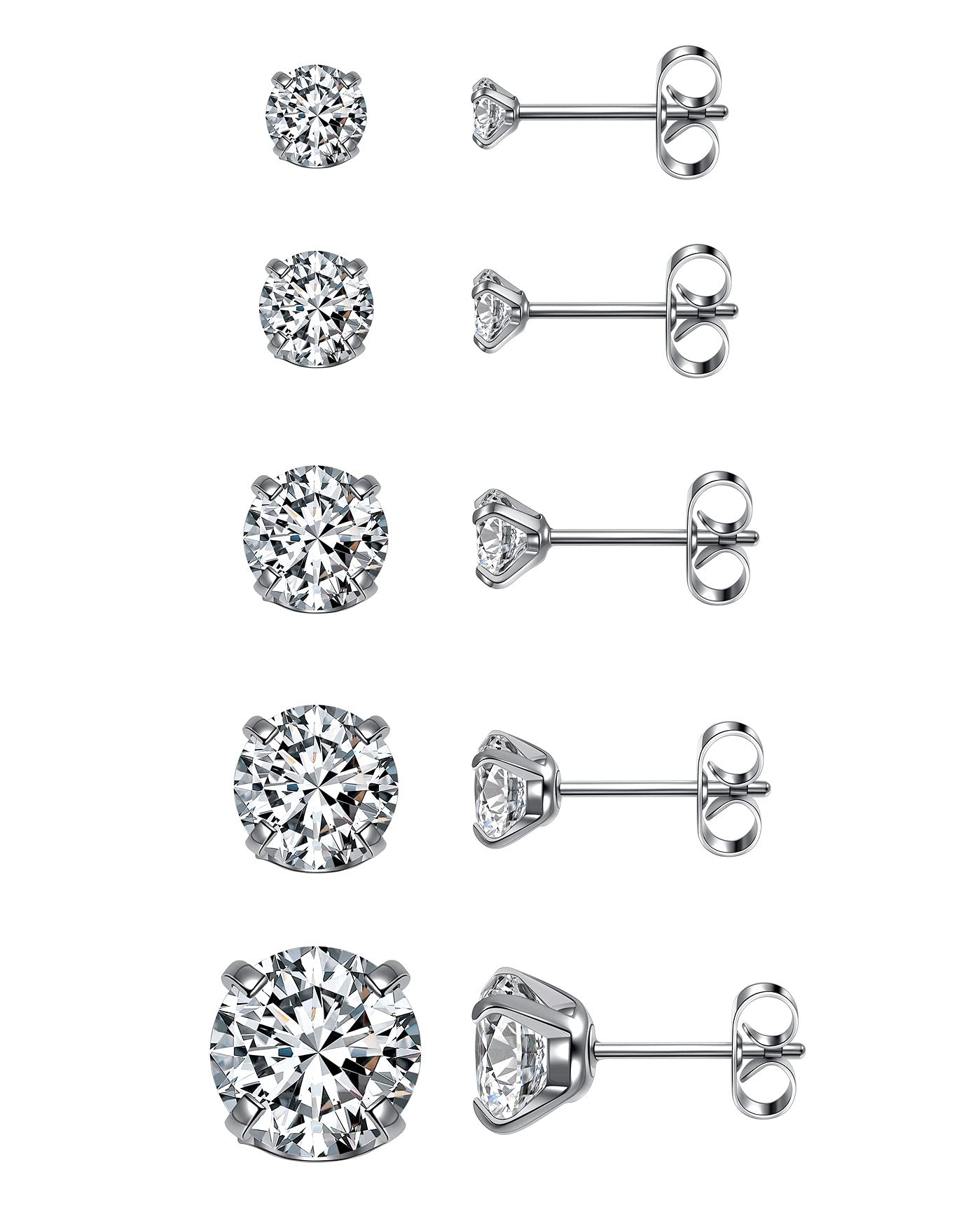 JSDDE 5 Pairs Round Cubic Zirconia Stud Earrings Stainless Steel Silver Cartilage Studs Earrings for Women Men Girls Gift 3mm-8mm