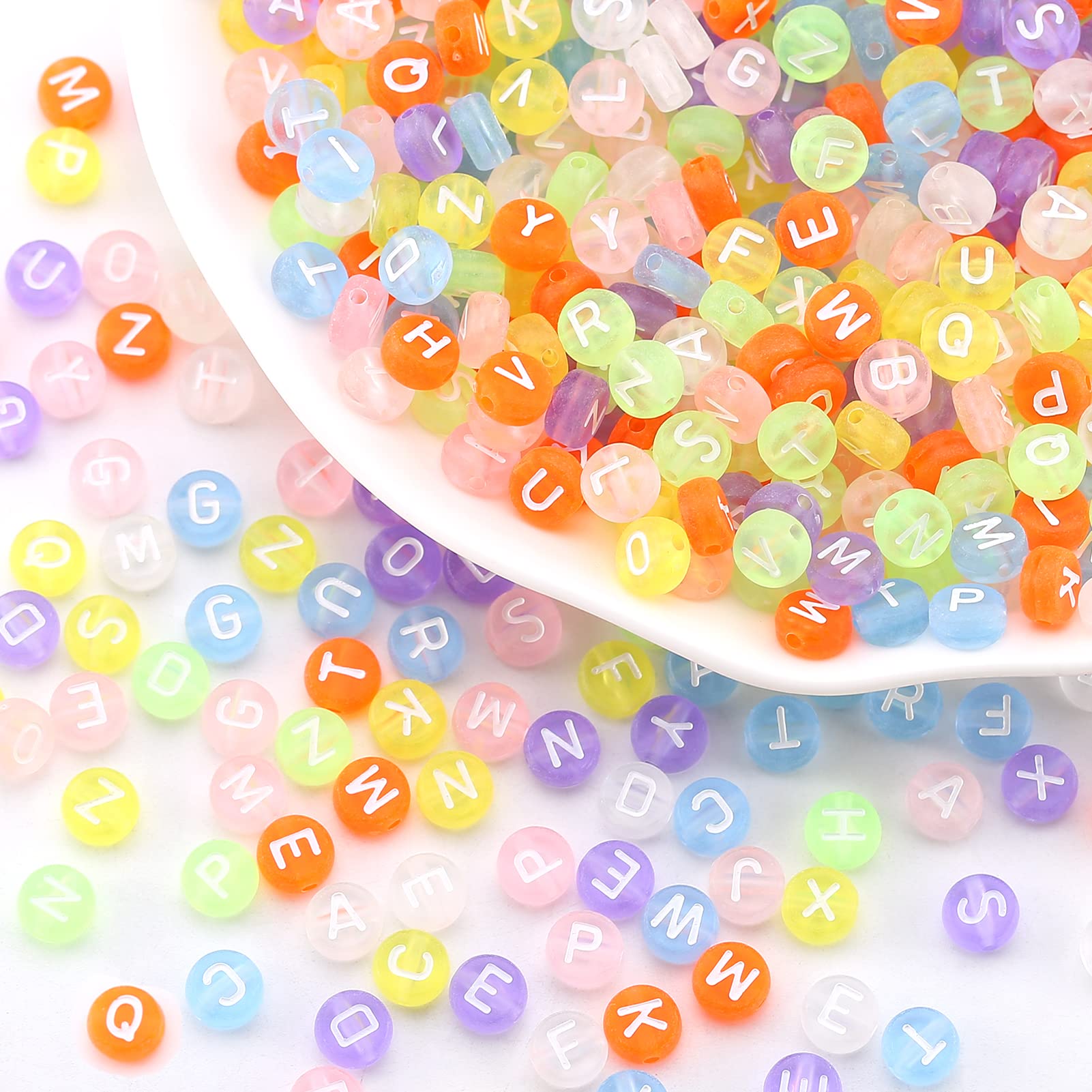 HERZWILD 1000pcs Frosted Multi-Coloured Transparent Alphabet Letter Beads,4x7mm Acrylic Round Letter Beads for Bracelets Necklaces Key Chains Jewelry Making. (Color-Frosted)