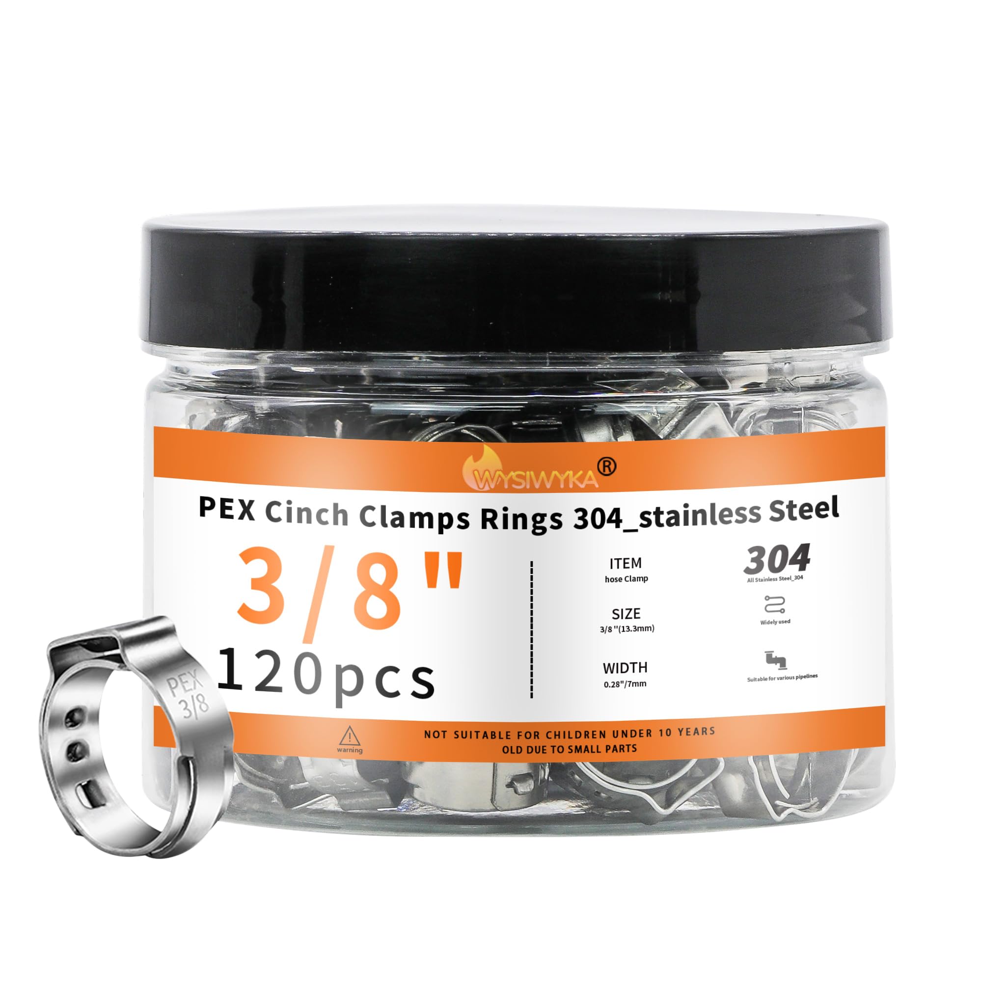 Photo 1 of WYSIWYKA 120pcs 3/8 inch PEX Cinch Clamps Rings, 304 Stainless Steel Single Ear Hose Clamps, Pex Crimp Rings for PEX Tubing Pipe Fitting Connections