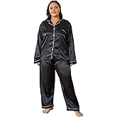 Vozanet Women's Plus Size Button Down Pajama Sets Satin Silky Long Sleeve Long Pants Sleepwear Loungewear Nighty XL to 5XL
