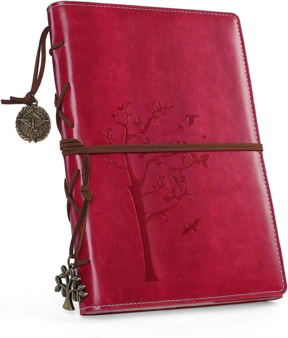VALERY Vintage PU Leather Journal/Bound Writing Notebook A5 / Refillable Travel Diary with Lined Pages, 96 Sheets and 192 Pages, Acid-Free Paper - Rosy