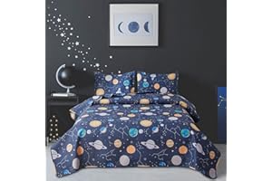 SMUGE 3 Pieces Kid's Galaxy Outer Space Zodiac Planets Bedspread Coverlet Set Twin with Pillowcases,Universe Science Illustration Quilt Lightweight Bedding Sets for Boys Girls Children(Twin,Multicolor)