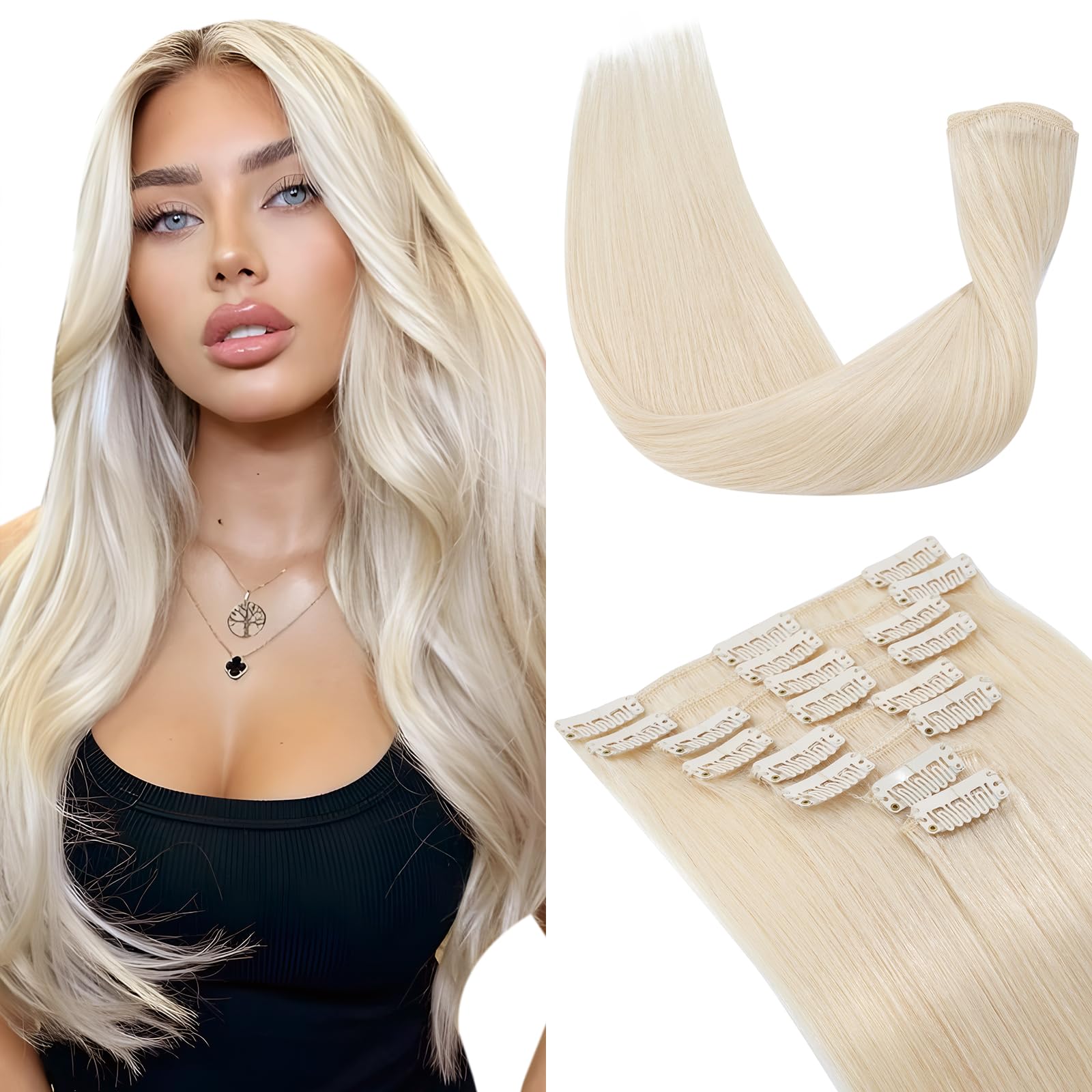 Elailite Real Remy Natural Human Hair Extensions Clip in - 8 Pcs Full Head (#70 Bleach White, 22 inches, 75g)