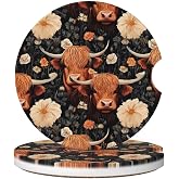 SimpleSteet Absorbent Ceramic Car Coasters for Cup Holders, Yak Highland Cow Flower Design 2.56
