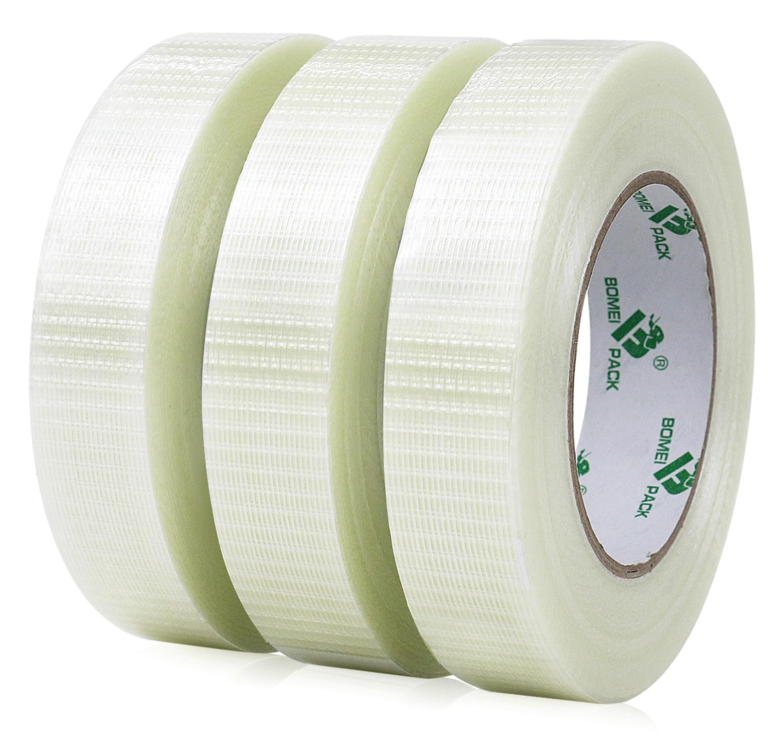 BOMEI PACK 3 Rolls Reinforced Filament Tape,Transparent Bi-Directional Crossweave Fiberglass Heavy Duty Moving Strapping Tape,Duct Wrapping bundling tape 25mm x 50m