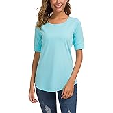 Summer Tops for Women Fashion Loose Fitting Mid Sleeve Crewneck Cotton T Shirts