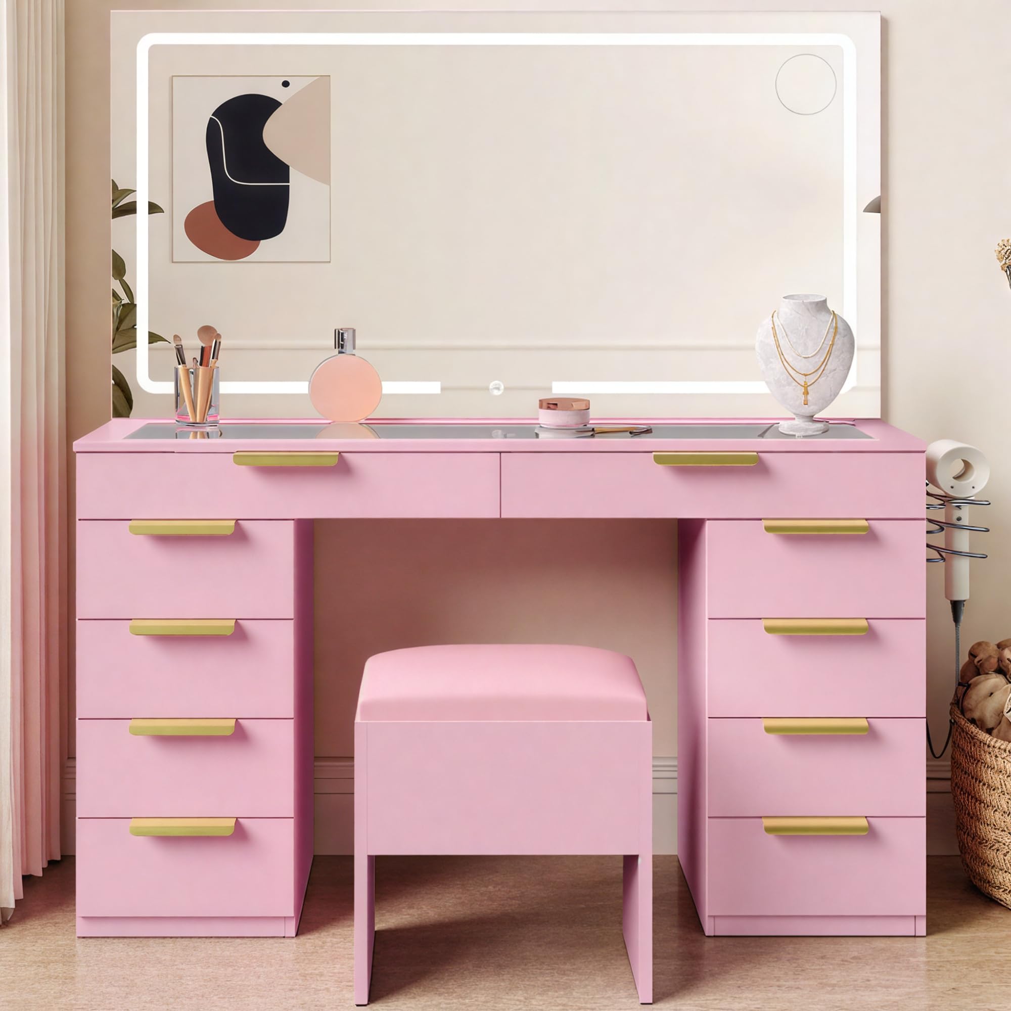 View 1 of ** PARTS ONLY** DWVO Vanity Desk with Mirror and Lights, Makeup Vanity Table and Chair Set with Power Outlets, 10 Storage Drawers, 3 Lighting Modes