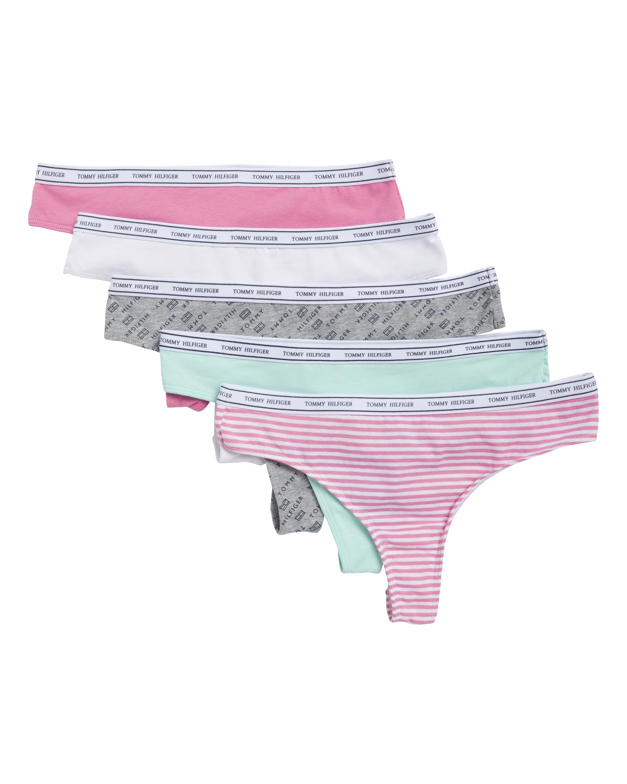 Tommy Hilfiger Women's Classic Cotton Logoband Thong 5-Pack, TH Flag Print/Beach Glass/Bright White/Morning Glory/Morning Glory Stripe, X-Large Image