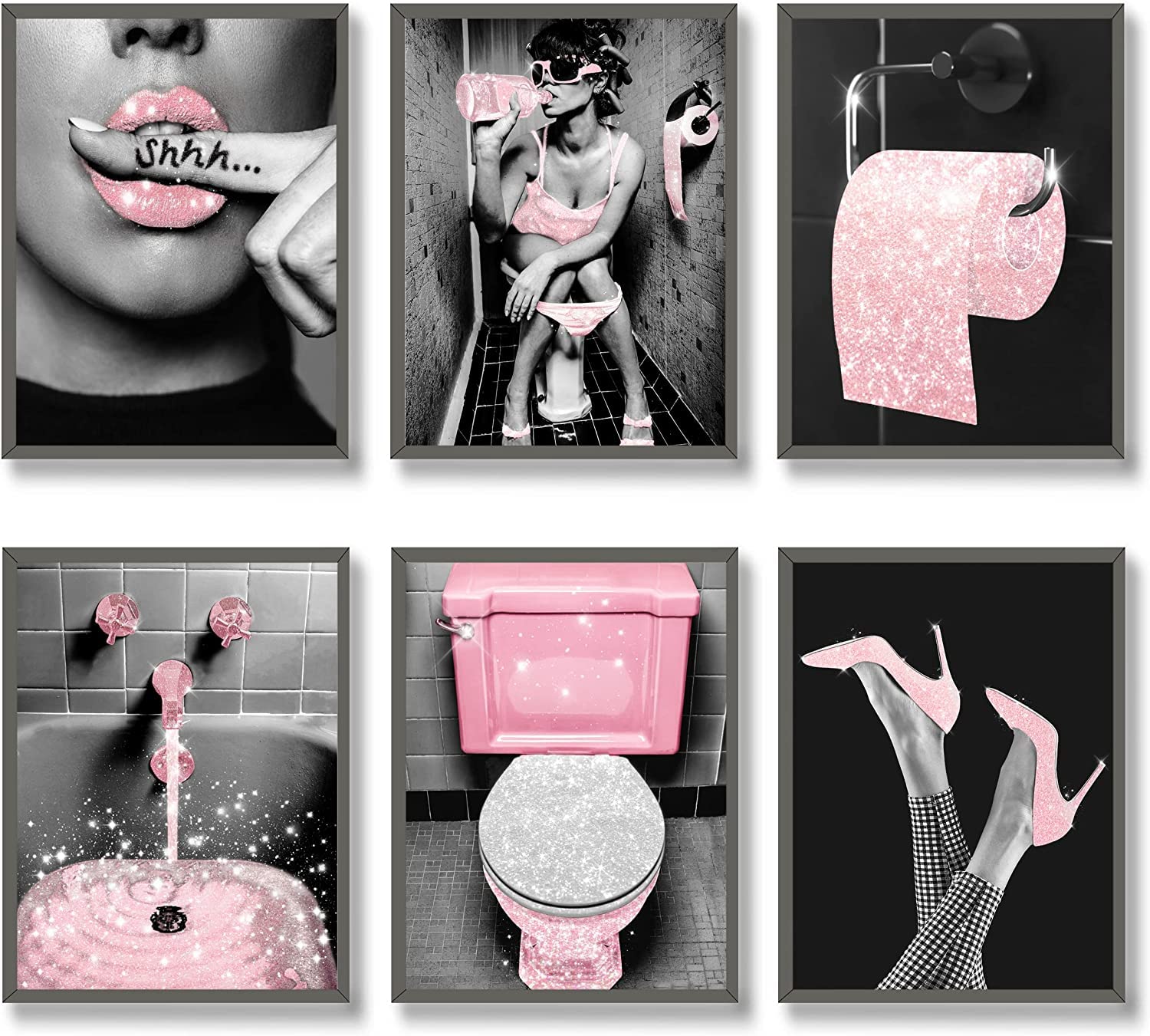 MKHFUW Bathroom Poster of Modern Women, Animal Wall Art, 6-Piece Set, Bathroom Art, Frameless (Pink-25x6 cm)