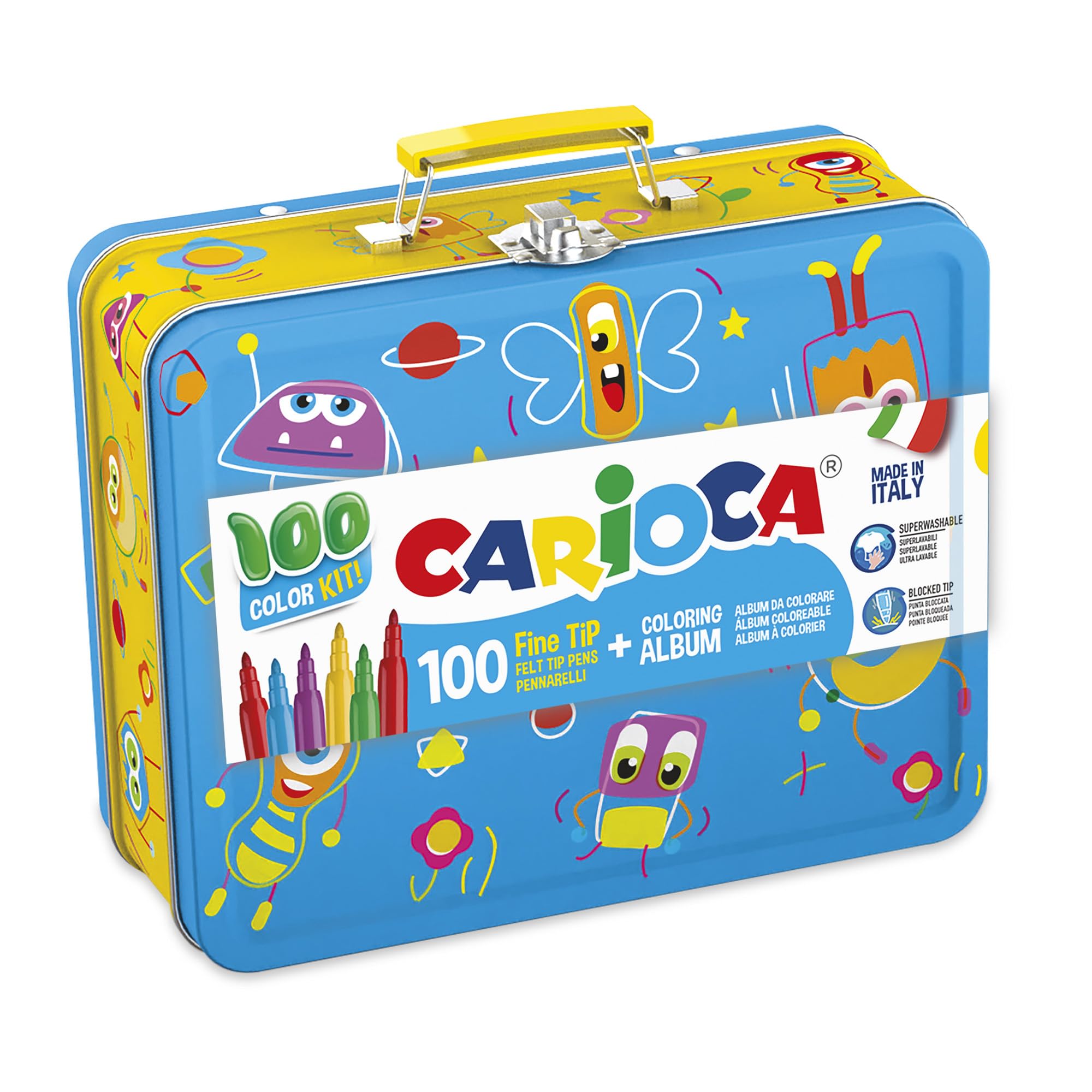Carioca Box | Blue Tin Box Super Washable Fine Tip and Maxi Markers with Colouring Album, 100 Markers