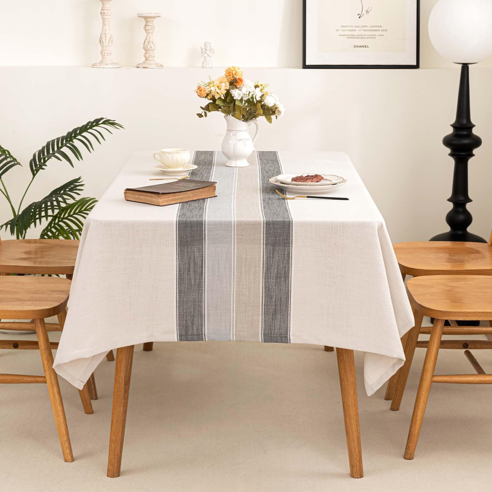 Photo 1 of SIELUNO Rustic Farmhouse Tablecloth - Cotton Linen Waterproof Embroidery Fabric Table Cover for Indoor Outdoor Dining - Grey Macarons - 54 x 86