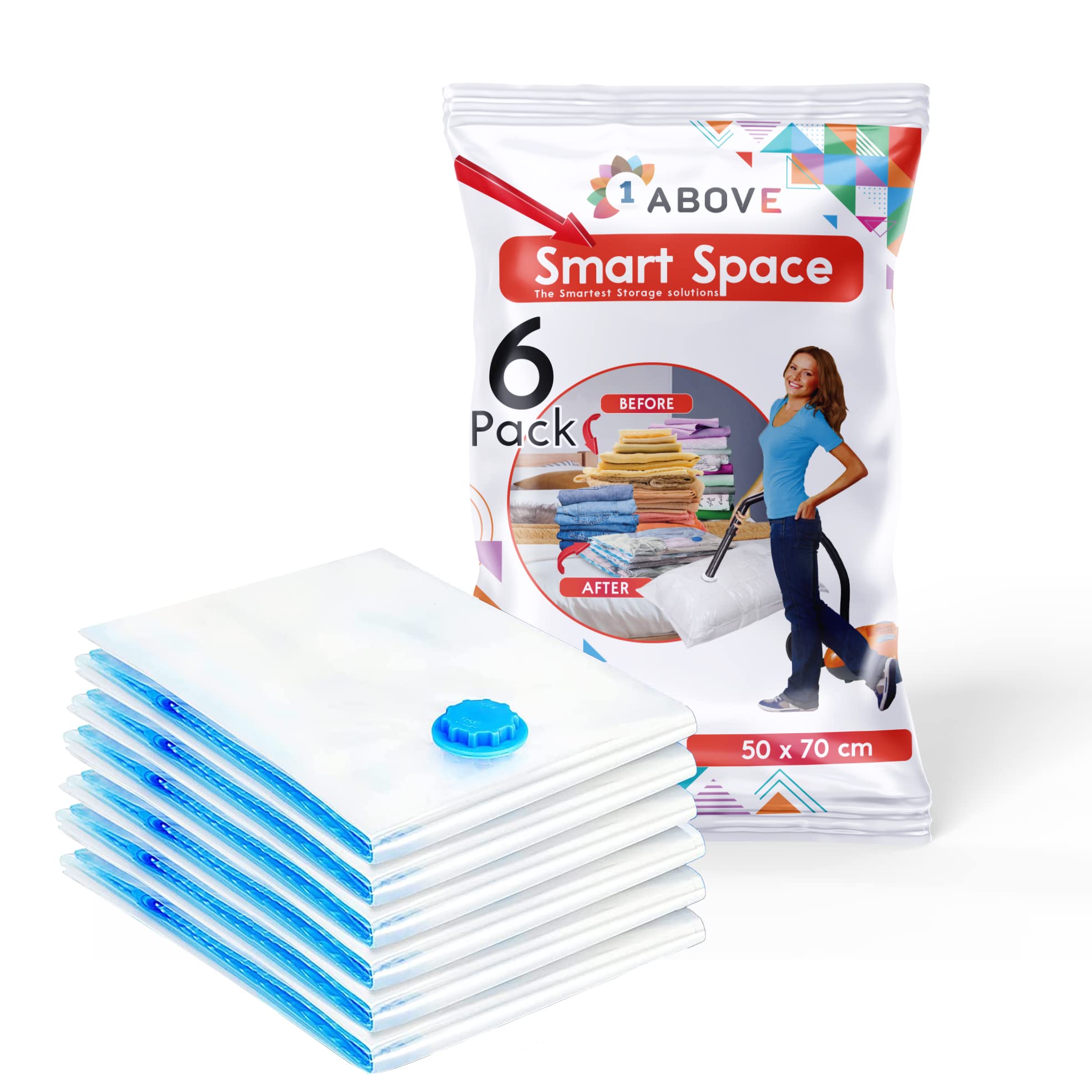 1ABOVE Pack of 6 Vacuum Compressed Storage Bags, Mould Moisture and Bug Proof, Double Zip High Sealing Triple Air Leak Patent Valve for Maximum Compression (MEDIUM)