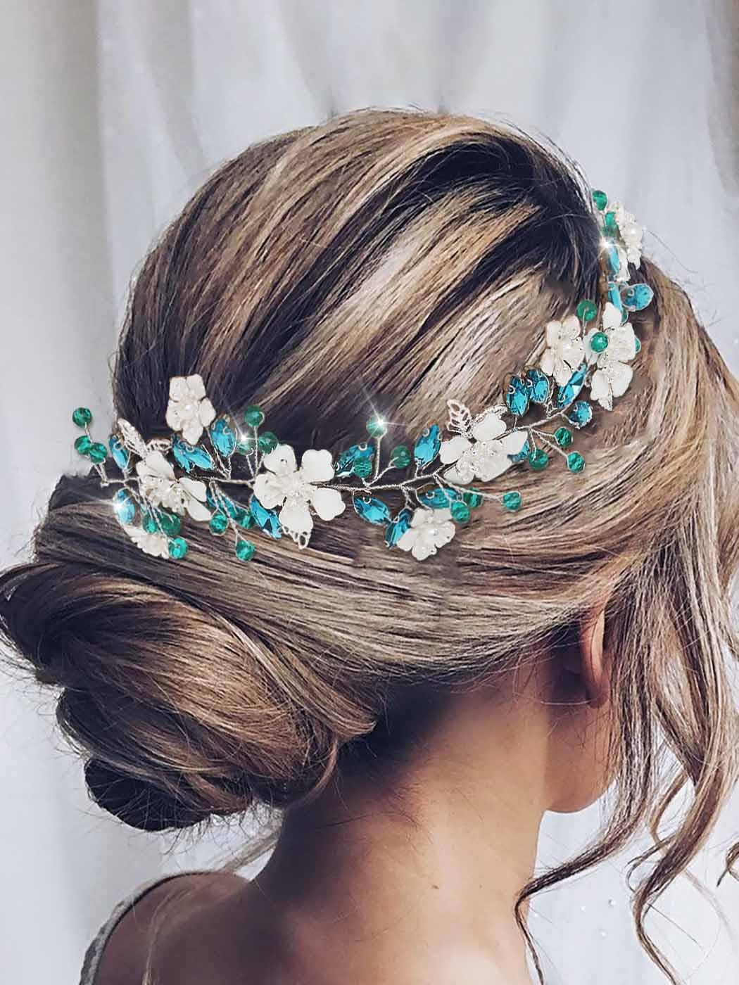 IYOU Flower Wedding Hair Vines Blue Crystal Bride Headband Leaf Guest Bridesmaid Hair Accessories for Women
