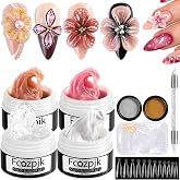 Fcozpjk Solid Builder Gel for Nails 4 Colors 3D Sculpture Gel Kit | Non-Sticky Clear Nude Pink Pearl White Sculpting Gel with Gold Silver Chrome Powder 3D Flower Carving Design Nail Extension