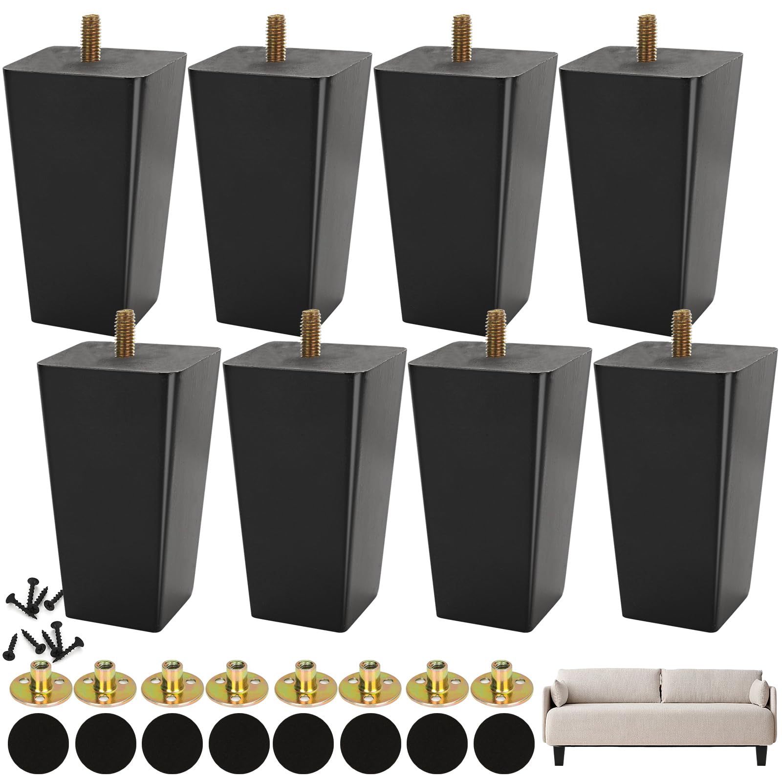 CYEER 8 Pcs Sofa Feet 10cm, Wooden Furniture Legs, Solid Rubber Wood Sofa Legs Furniture Replacement Feet with Mounting Plates Screws Non-Slip Mat for Chair Bed Couch Table TV Cabinet, Black