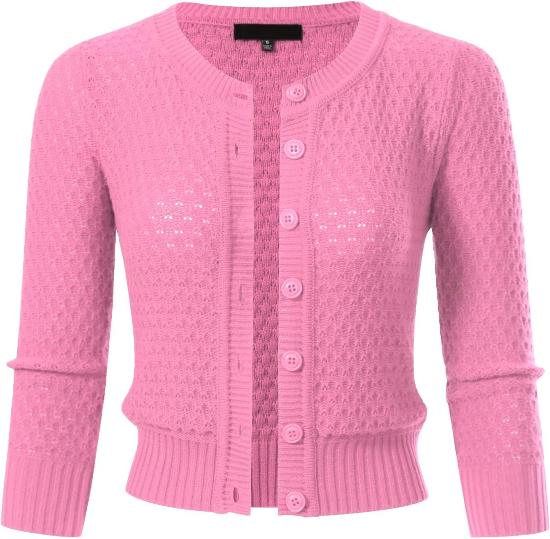 Womens Button Down 3/4 Sleeve Cropped Knit Cardigan Crochet Sweater (S-3XL)