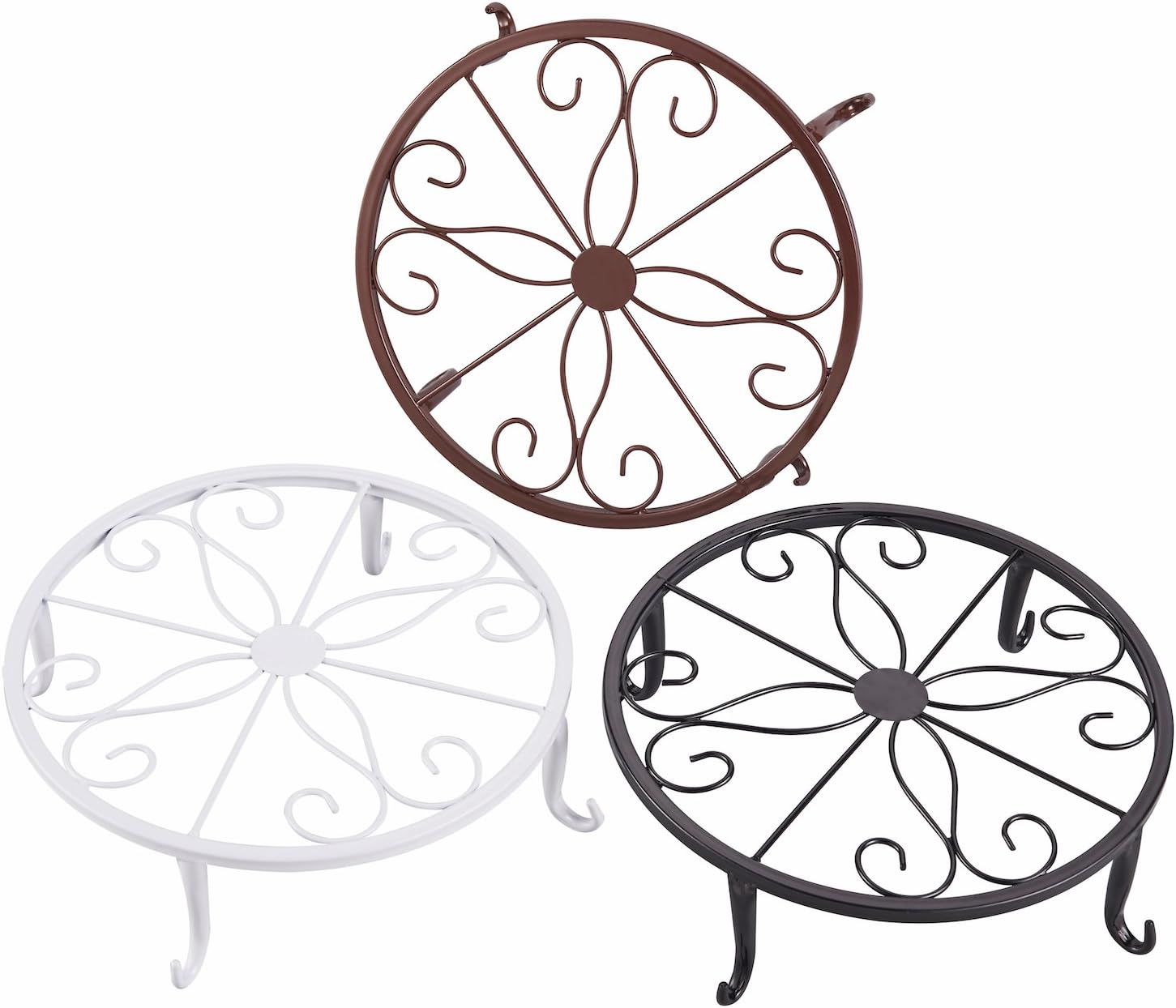 FaithLand Metal Potted Plant Stand, Pot Holder, Decorative Pot Trivet, 9 inch, Set of 3 Colors, White, Black & Brown