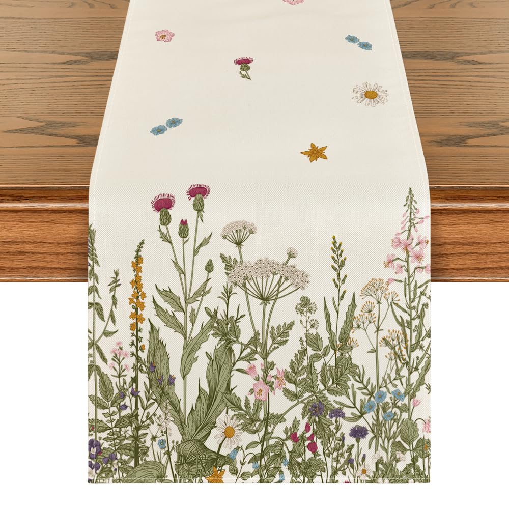Artoid Mode Antique Herbs and Wild Flowers Spring Table Runner, Seasonal Kitchen Dining Table Decoration for Home Party Decor 40x140 cm