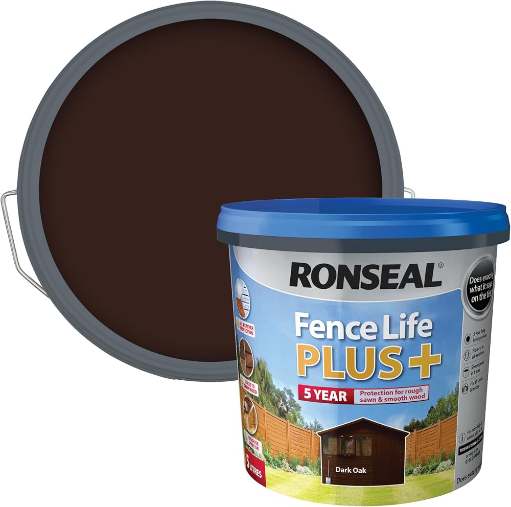 Ronseal Fence Life Plus 5 L Dark Oak Timber Fence Paint 5 Year Protection