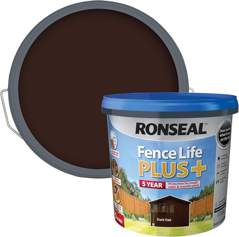 Ronseal Fence Life Plus 5 L Dark Oak Timber Fence Paint 5 Year Protection