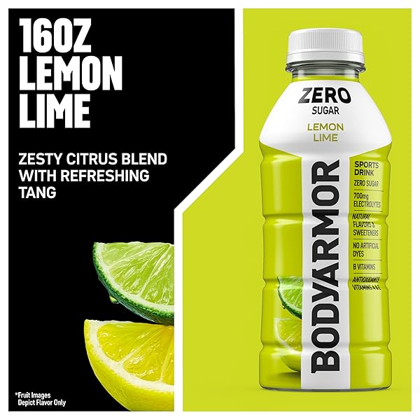 BODYARMOR ZERO SUGAR LEMON LIME ELECTROLYTE DRINK, NATURAL FLAVORS, 16 FL OZ BOTTLES (12 PACK), B VITAMINS & ANTIOXIDANTS SUGAR FREE HYDRATION