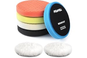 POLIWELL Buffing Polishing Pads 5 Inch, 7Pcs Buffing Sponge Pads Kit 5.5" Face for 5" Backing Plate, Compound Cutting Foam Pa
