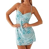 JEIBKOUY Sexy Sparkly Sequin Mini Dress for Women Sleeveless Halter Open Back Strap Club Party Cocktail Bodycon Short Outfits