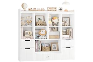 HORSTORS 48"W Kids Toy Storage Organizer, Large Toy Storage Chest with Removable Bins, 46"H Kids Bookshelf and Bookcase with Drawers for Boys and Girls, Modern Toy Box for Playroom, Classroom, White