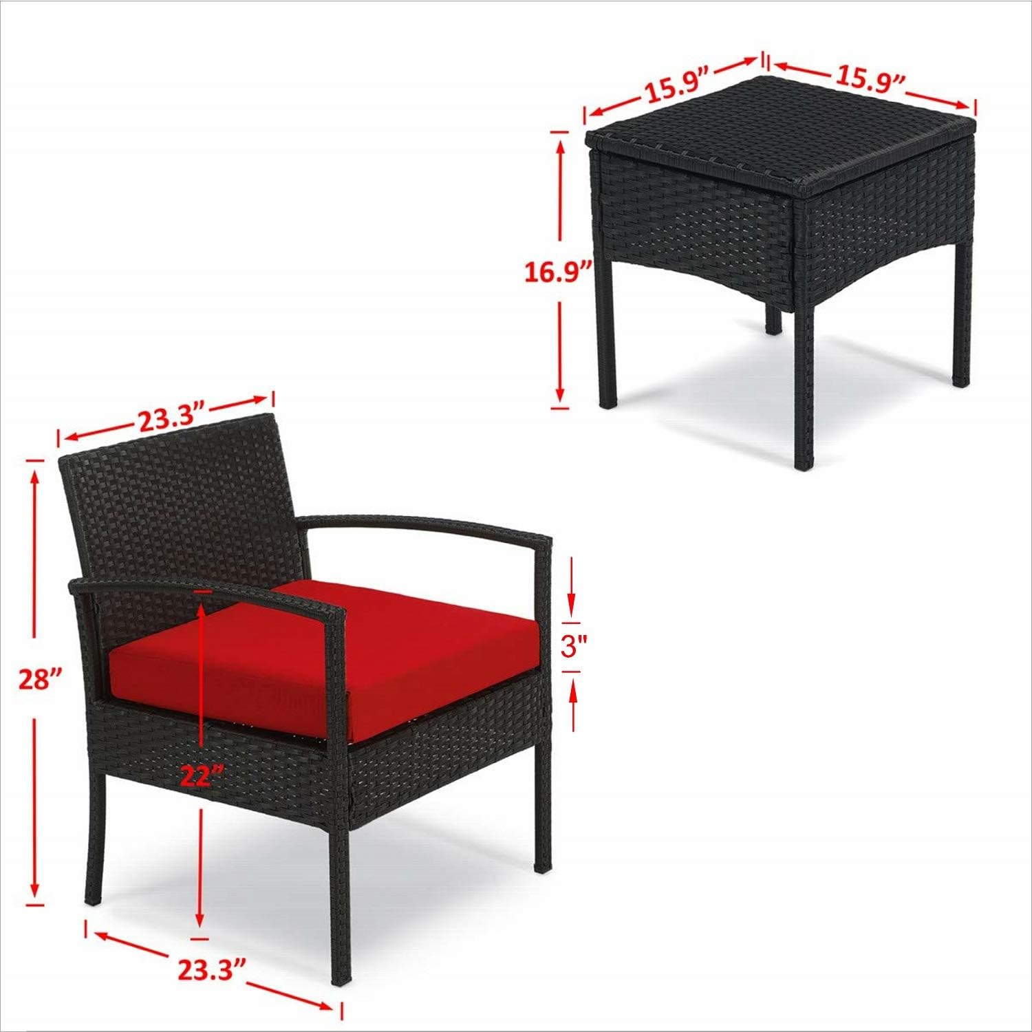GREARDEN 3 Pieces Outdoor Patio Furniture Sets Patio Conversation Set Bistro Set Rattan Chairs for Balcony Backyard Porch PE Patio Chairs with Cushions 330LBS Red: Garden & Outdoor
