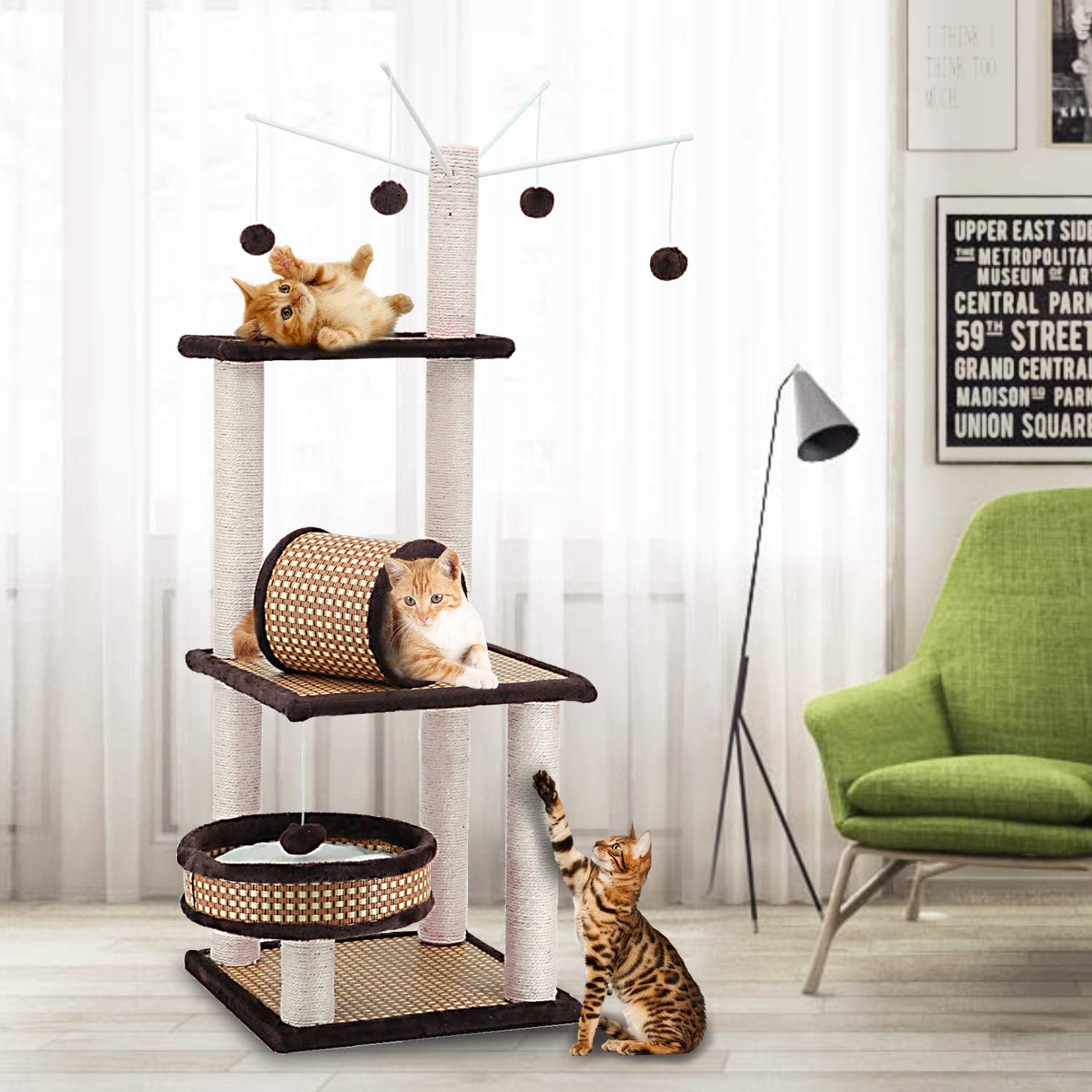 ScratchMe Tree Condo with Scratching Post and hammock , Cat Tower Pet Play House with Toy