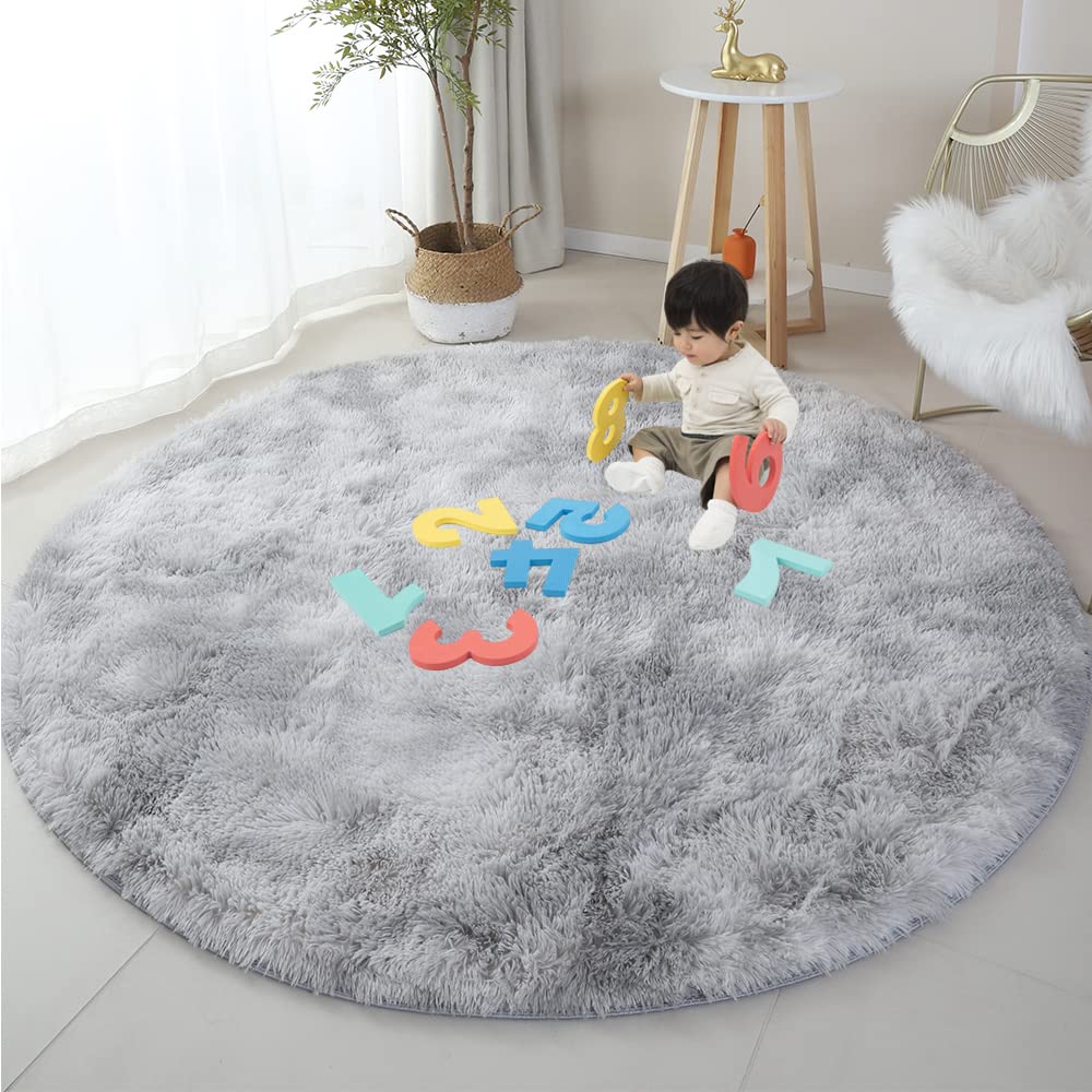 OMGREAT Round Fluffy Rug for Bedroom, 120cm Circle Light Grey Kids Room, Plush Fuzzy Teen's Shaggy Circular Nursery Modern Furry Carpet Cute Room Decor Baby (D6801GR-FBA-SHQ)