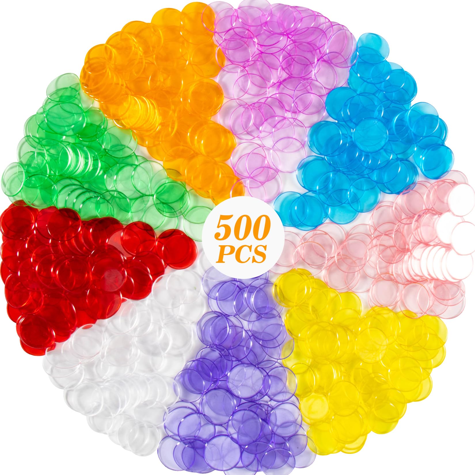 Photo 1 of Sukh 500pcs Bingo Chips for Bingo Games Colored Bingo Markers Chips Loteria Mexican Bingo Fichas De Bingo Plastic Poker Chips Pokeno Board Game Transparent Math Counters Game Pieces for Classroom