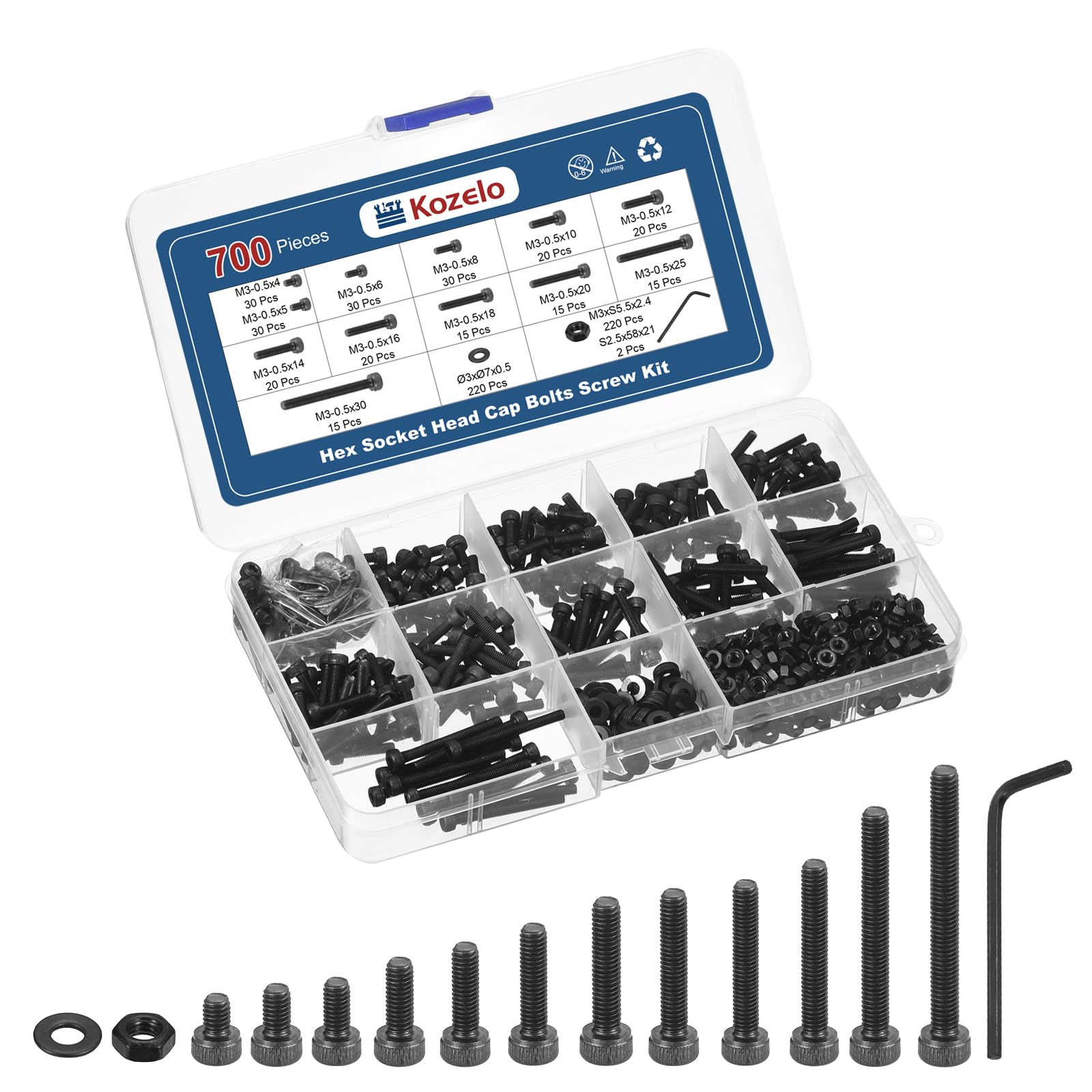 Kozelo 700pcs M3 Socket Head Cap Screws Bolts Nut Assortment Kit - [M3x4/5/6/8/10/12/14/16/18/20/25/30mm] Alloy Steel Black Oxide 12.9 Internal Hex Screw for 3D Printer Use,with Wrench — image 1