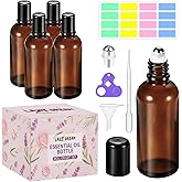 50ML Roller Bottles for Essential Oil, 4 Pack Empty Amber Glass Roller Bottle for Perfume Oil, Roll on Bottles with Stainless Steel Roller Balls, Opener, Funnel and Dropper for Aromatherapy, Massage