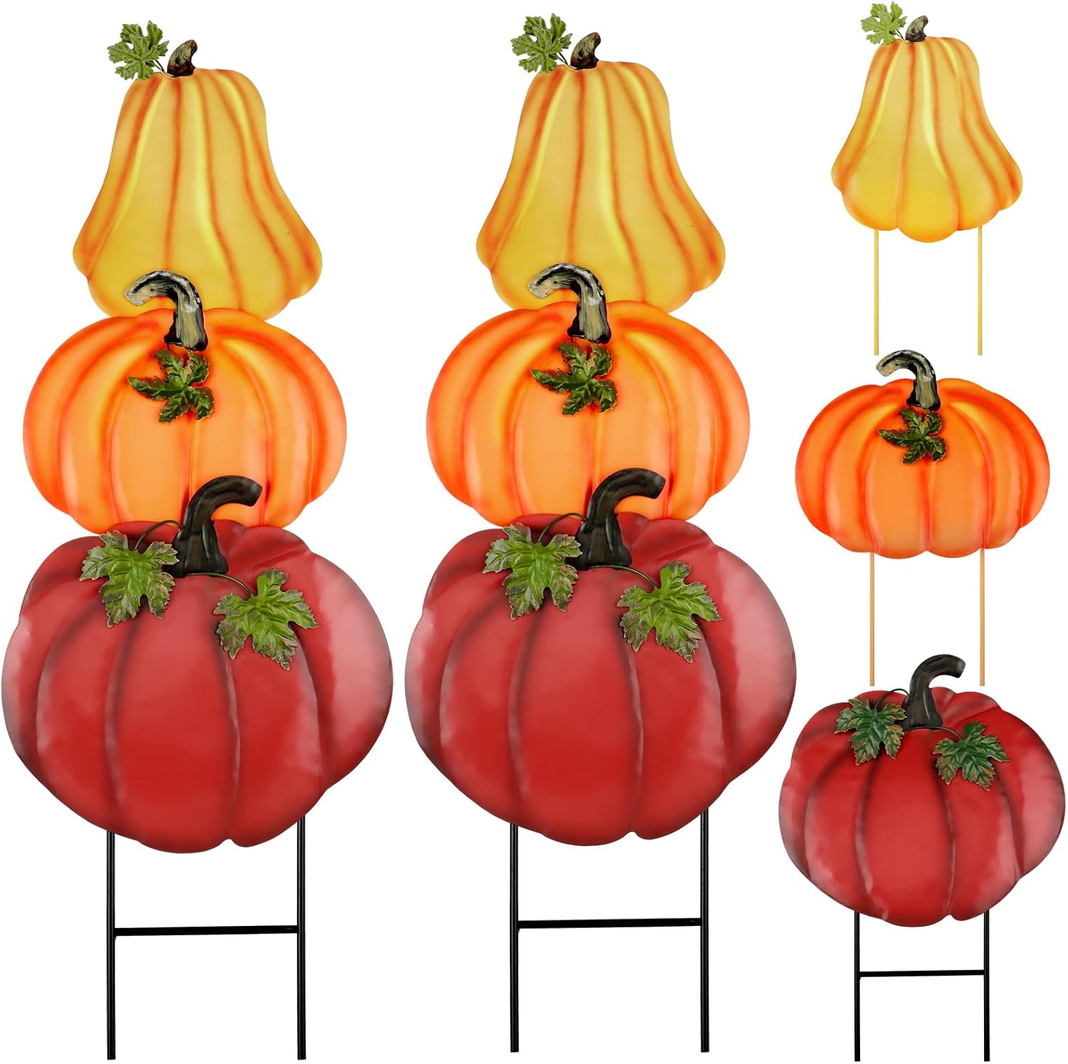 Decorative Garden Stakes - 2 Set Fall Pumpkins Decorations Outdoor Garden Stakes, 33.8 Inch Stacked Metal Pumpkins Yard Signs, Pumpkin Stake for Home Fall Autumn Harvest Halloween Patio Lawn Decor (Yellow, Orange, Red)