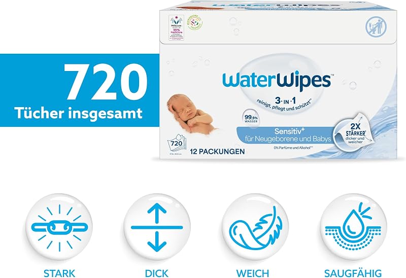 Sensitive+ Newborn & Baby Wipes, 99,9% Wasser, 12 Pack