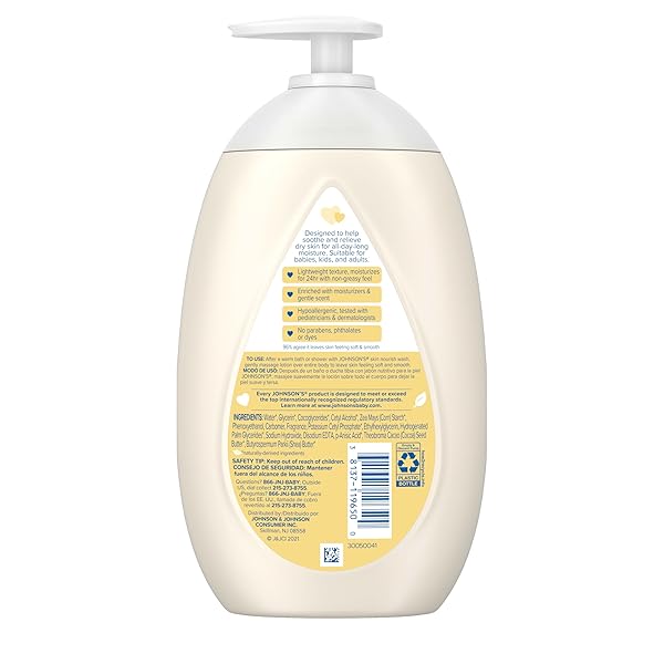 JOHNSON’S SKIN NOURISH MOISTURIZING BABY LOTION FOR DRY SKIN WITH SHEA & COCOA BUTTER SCENTS, GENTLE & LIGHTWEIGHT BODY LOTION FOR THE WHOLE FAMILY, HYPOALLERGENIC, DYE-FREE, 16.9 FL. OZ