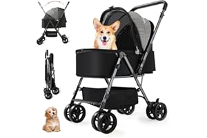 SWITTE Dog Stroller for Small Medium Dogs, Foldable Cat Pet Stroller with Reversible Handlebar, 4 Universal Wheels, Portable Puppy Dog Jogging Stroller with Waterproof Pad, Grey