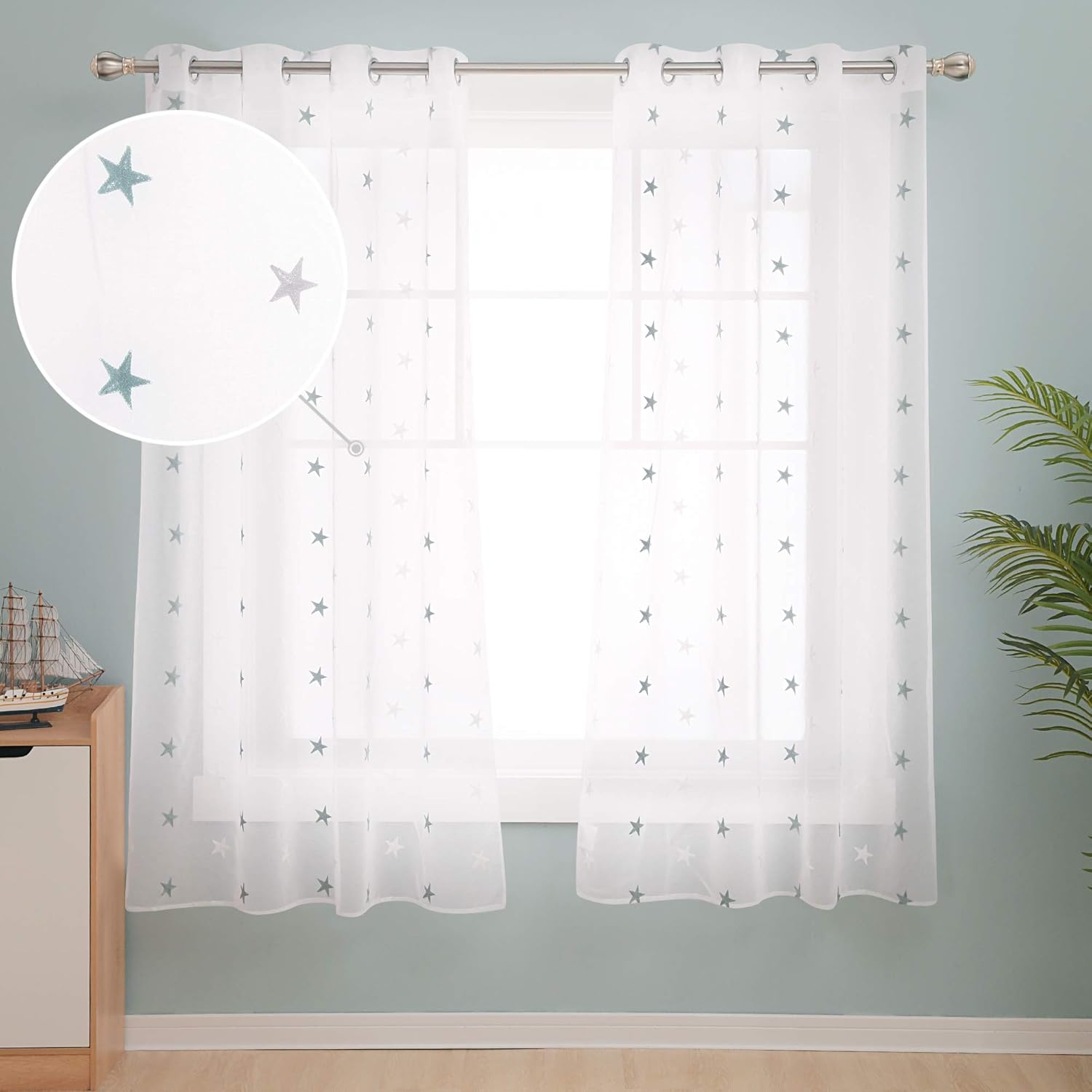 Deconovo Eyelet Faux Linen Net Curtains Embroidery Star Voile Curtains Super Soft Semi Sheer Curtains 55 x 71 Drop Inch Blue 1 Pair